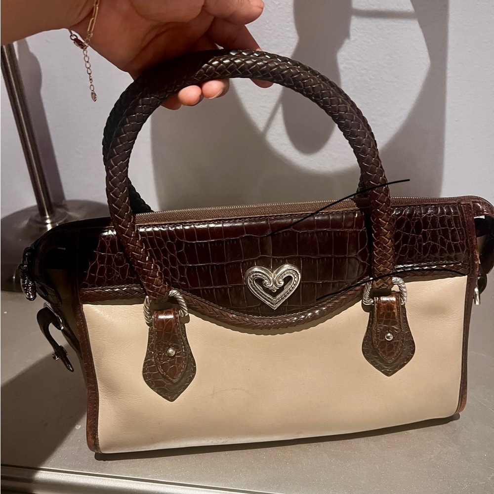 Brighton Vtg Brown and Cream Satchel with Heart Detail leather